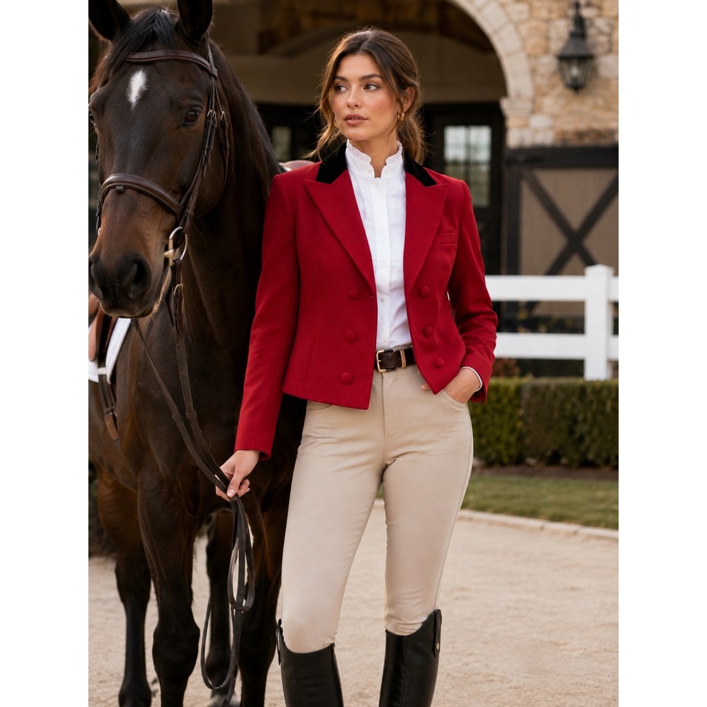 Lauren Ralph Lauren Red Wool Velvet Collar Cropped Equestrian Blazer Jacket 12P
